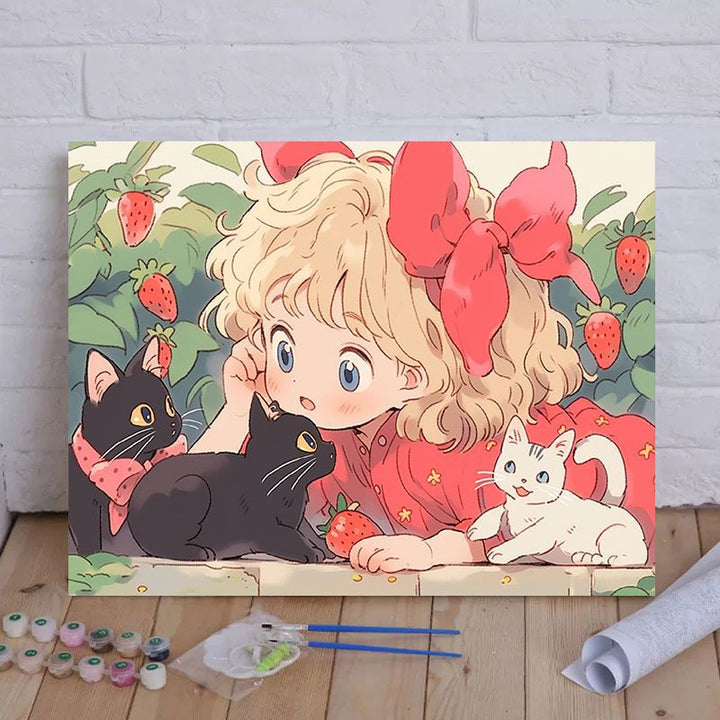 Cartoon Cat and Girl Themed Canvas Paint by Numbers Art Kit Bowlift