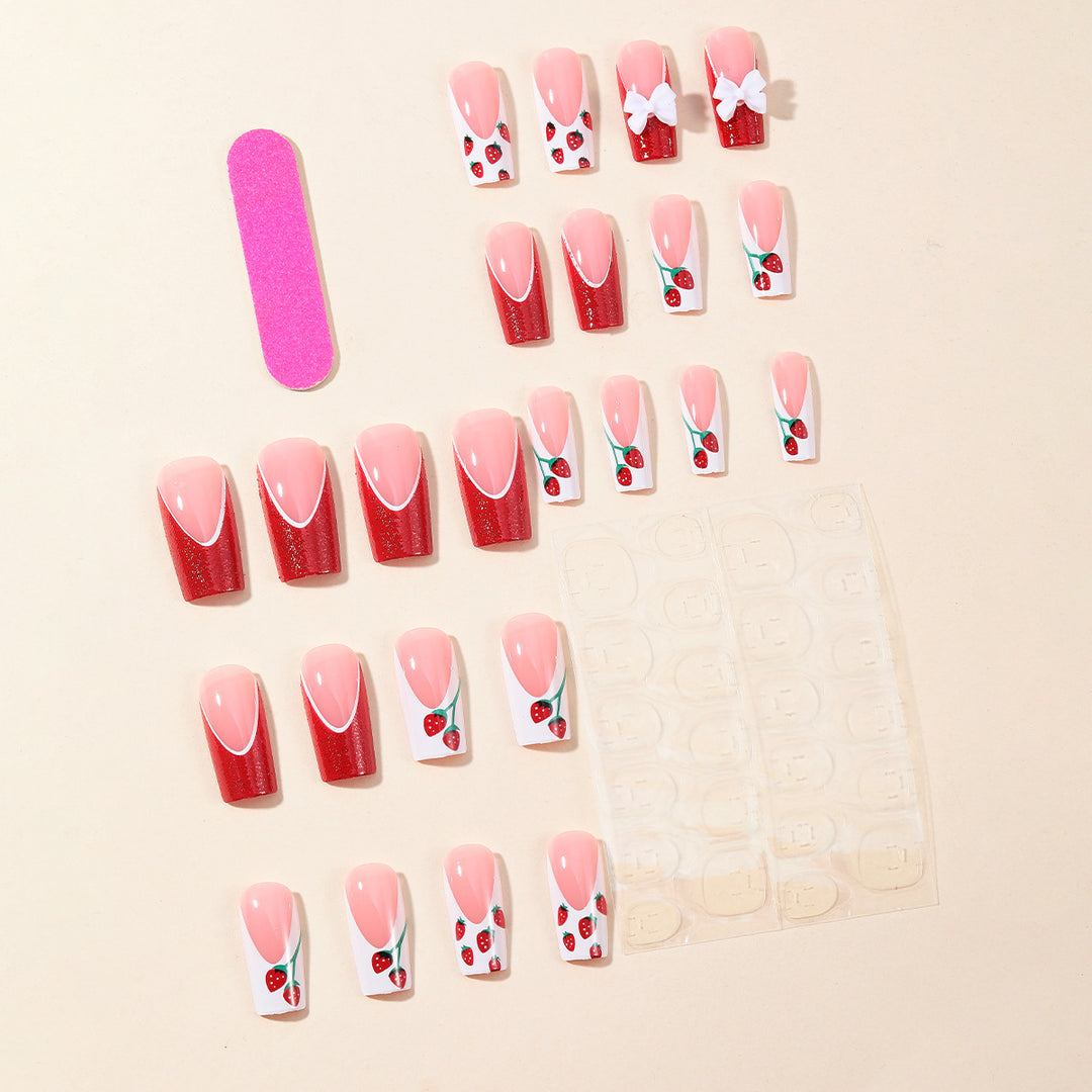 Strawberry Bow-Accent Acrylic Nail Art Extensions Bowlift