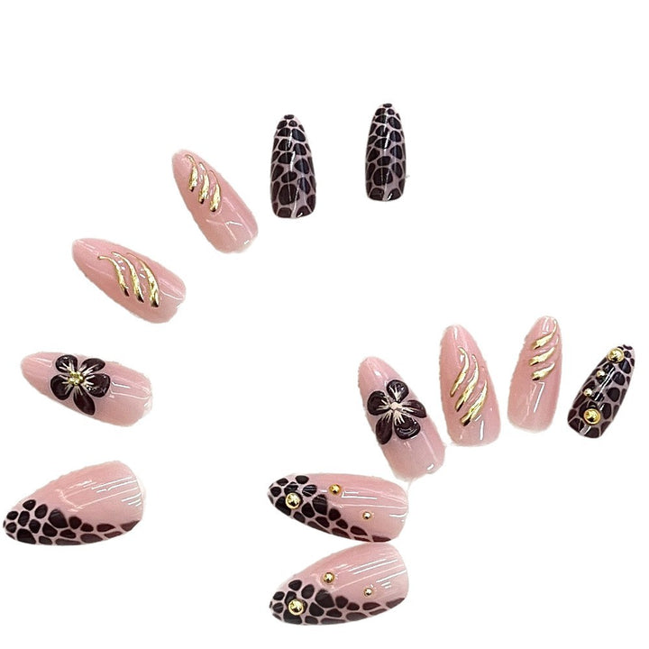 Artistic Press-On Nail Set with Floral and Leopard Accent Bowlift