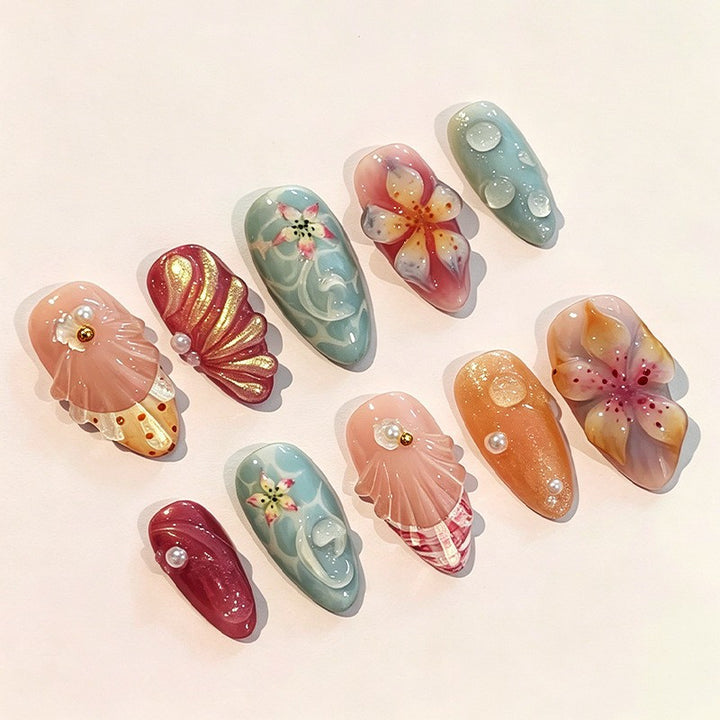 Artificial nail set with floral 3D design and glitter accents Bowlift