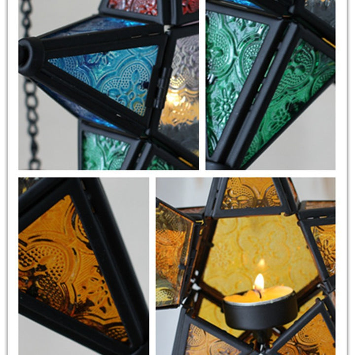 Moroccan-Inspired Stained Glass Star Hanging Lanterns with Embossed Panels Bowlift