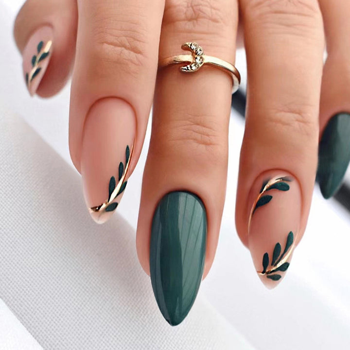 Artistic Press-On Nail Set with Leaf Designs Bowlift