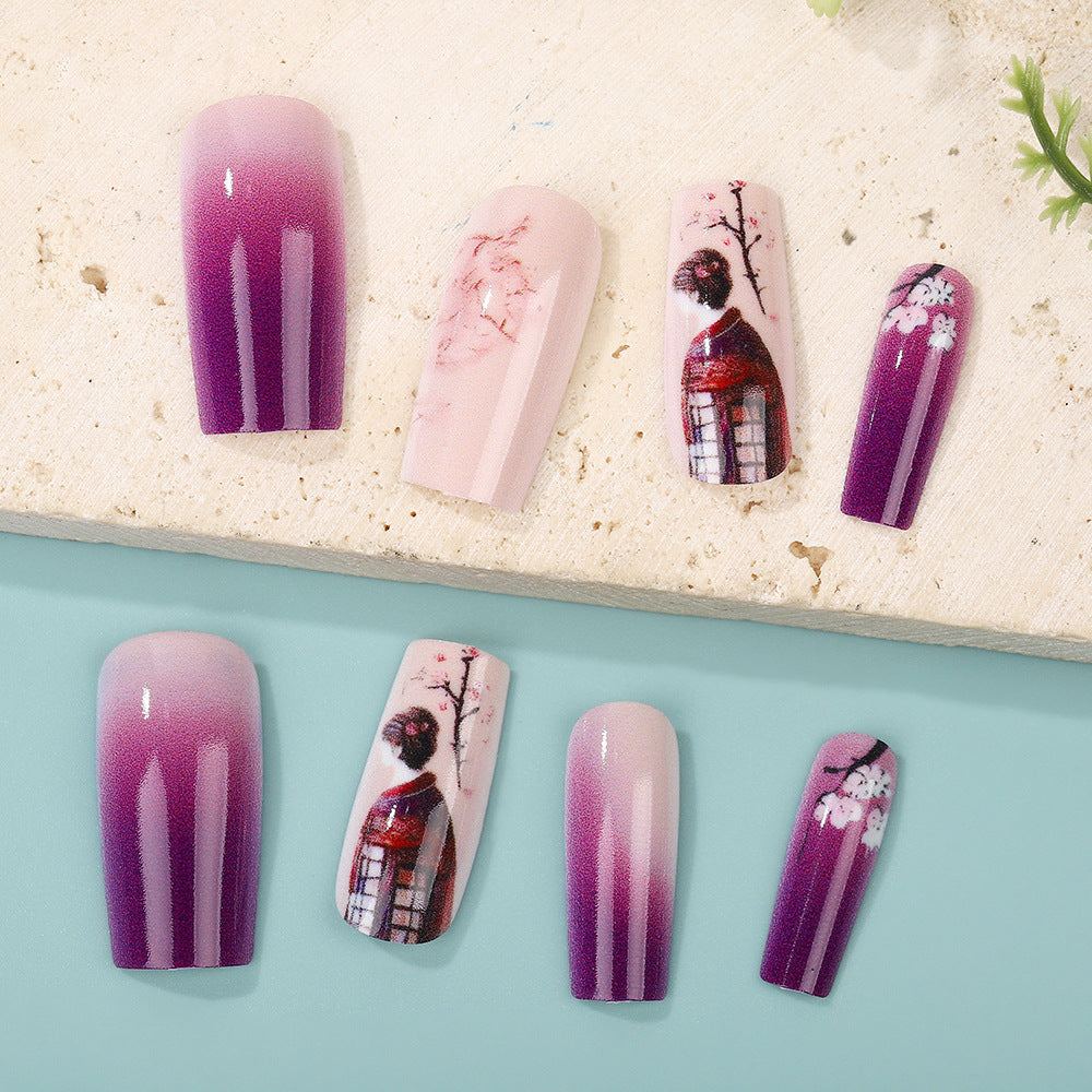 Elegant Artificial Nails Set with Ombre Design and Artistic Accents Bowlift