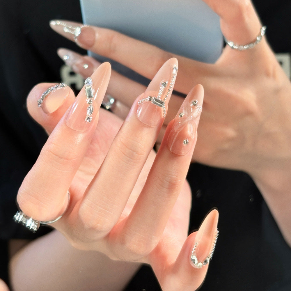 Decorative Press-On Nail Set with Elegant Floral and Gemstone Accents Bowlift