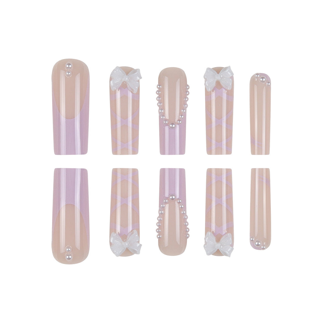 Elegant Bow-Embellished Long Press-On Nails Bowlift