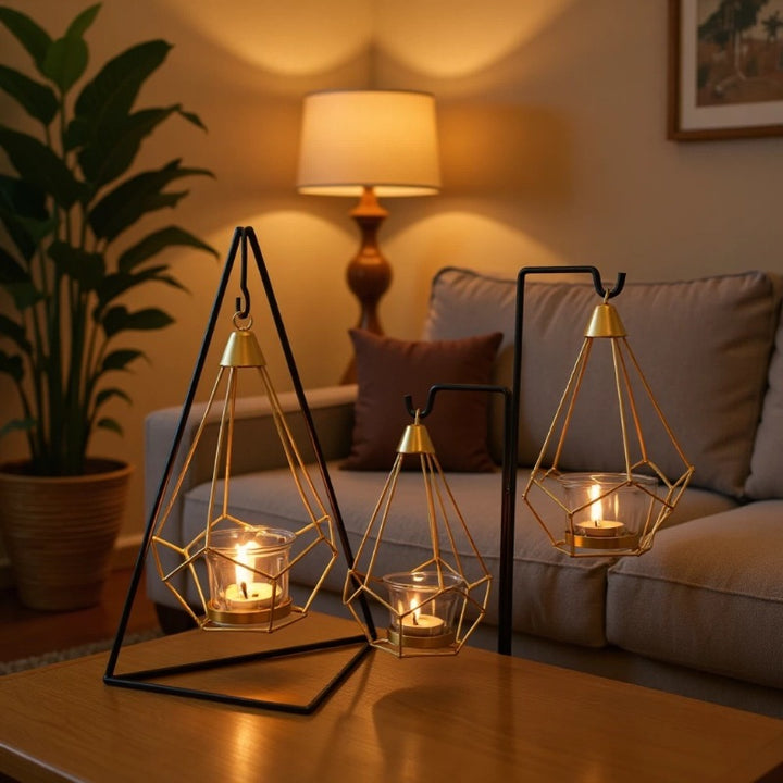 Decorative Geometric Hanging Tealight Candle Holder Set with Metal Stands and Glass Votives Bowlift