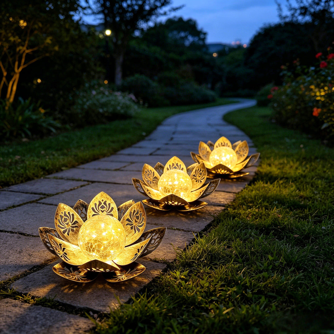 Decorative Solar Lotus LED Garden Lantern With Crackle Glass Globe And Laser-Cut Metal Petals Bowlift