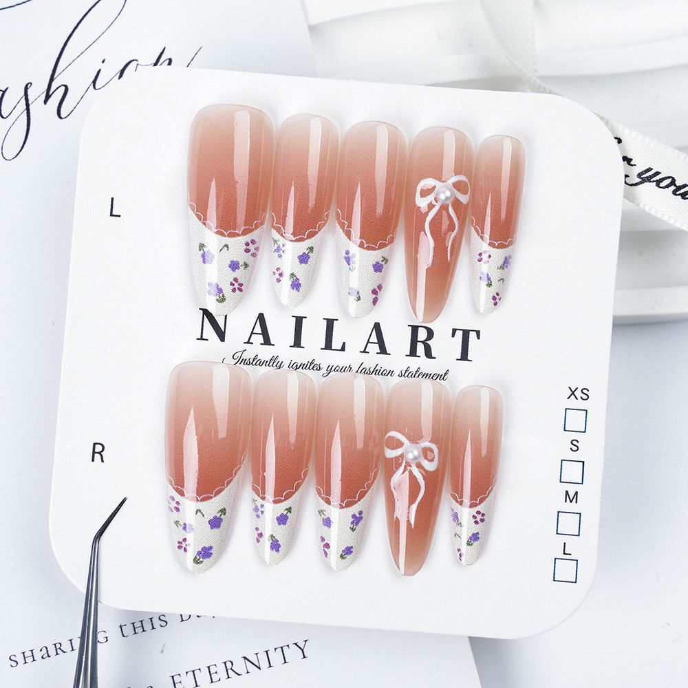 Artistic Stiletto Press-On Nail Set with Floral Embellishments Bowlift