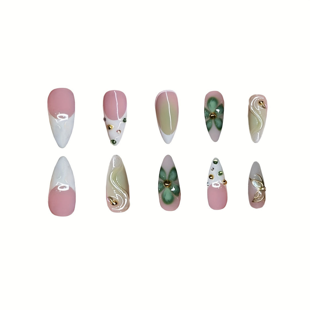 Artistic Press-On Nail Design with Floral Elements Bowlift