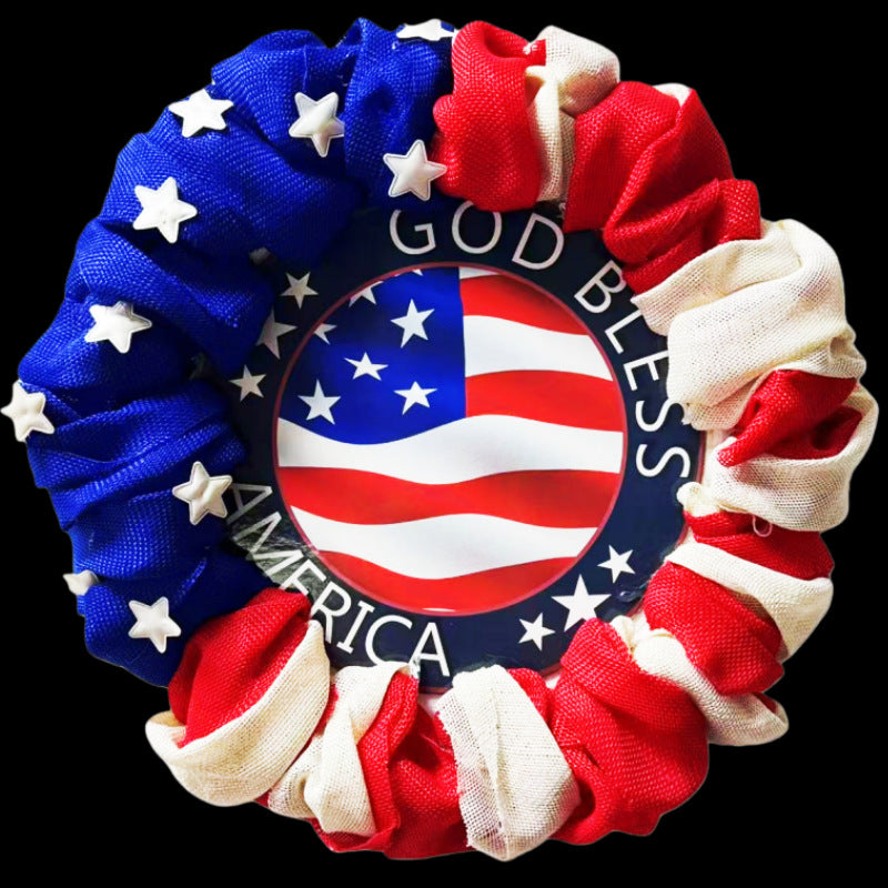 Unisex nan patriotic burlap ruffle wreath with printed God Bless America medallion Bowlift