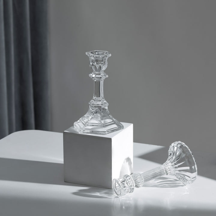 Pressed Crystal-Style Ribbed Glass Taper Candle Holder Bowlift