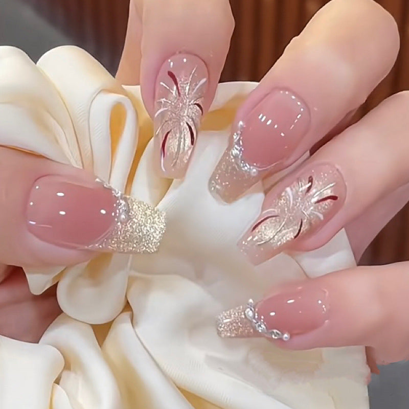 Artistic Sparkle Nail Tips with Floral Design Bowlift