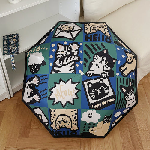 Women's Foldable Umbrella with Playful Cat Pattern Bowlift