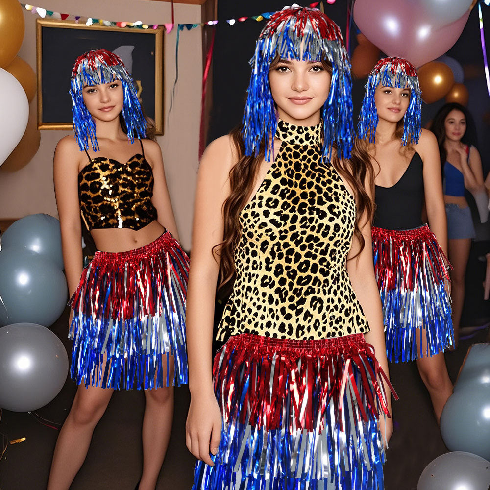 Women's nan metallic foil fringe hula skirt with elastic waistband party costume Bowlift