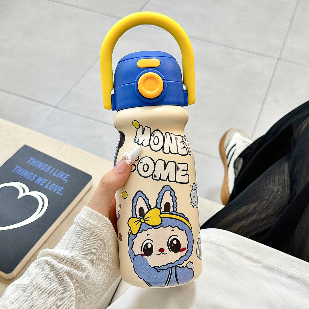 Women's water bottle with fun animal design and ergonomic carrying handle Bowlift