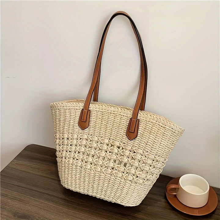 Natural basket bag with elegant leather handles Bowlift