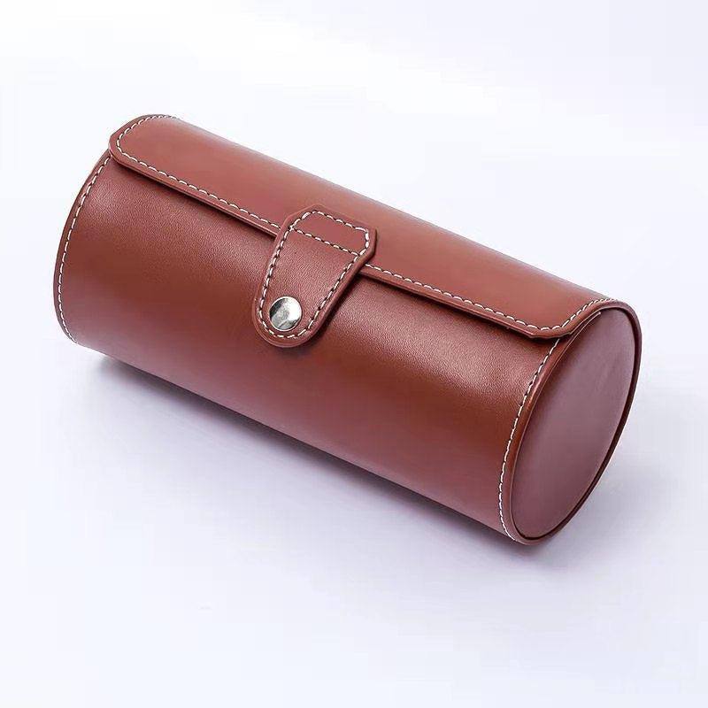 Cylindrical PU Leather Travel Watch Roll Case with Snap Closure Bowlift