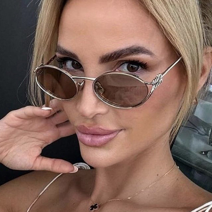 Women's Oval Sunglasses with Elegant Metal Frame and Fashionable Design Bowlift
