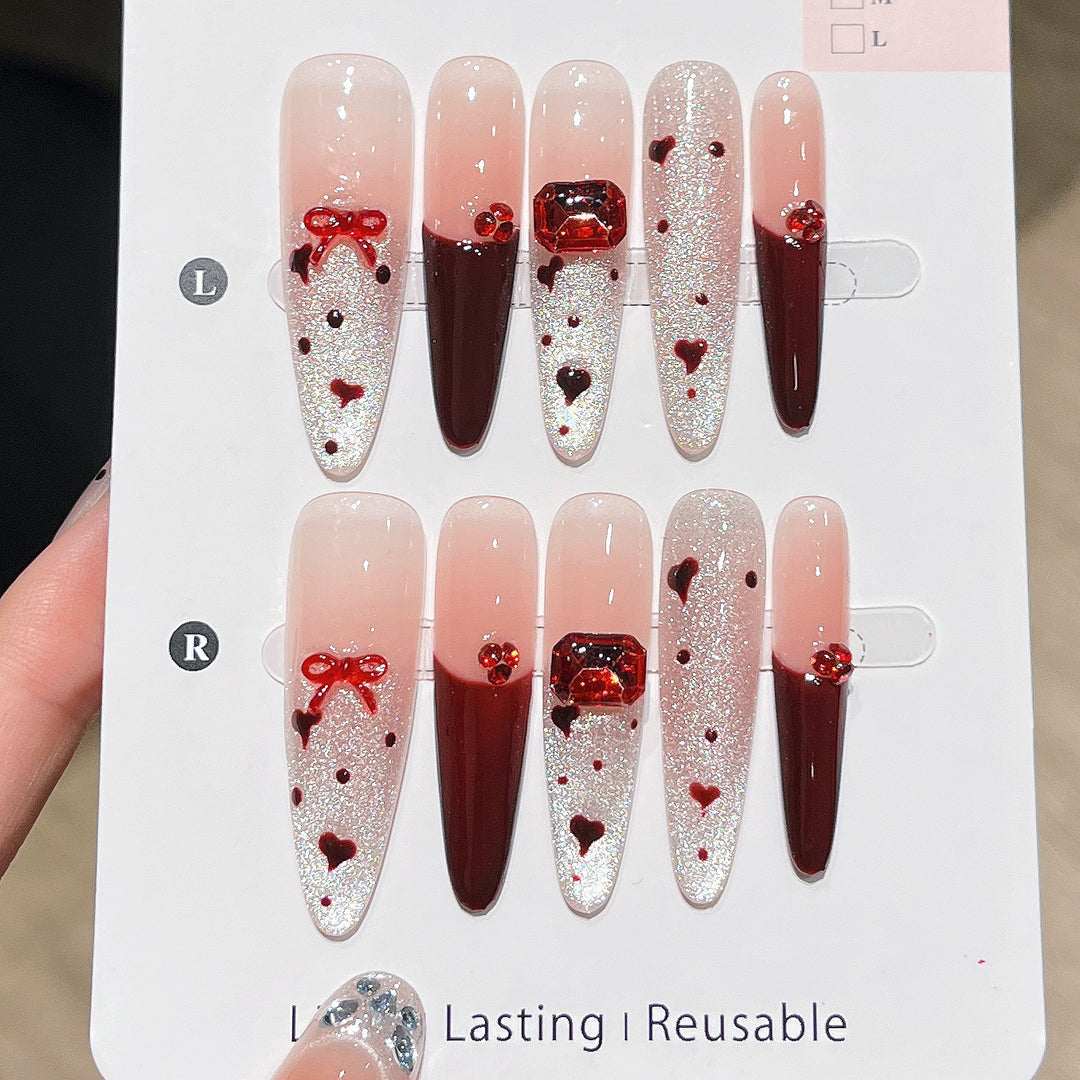 Heart-Embellished Press-On Nail Art Bowlift