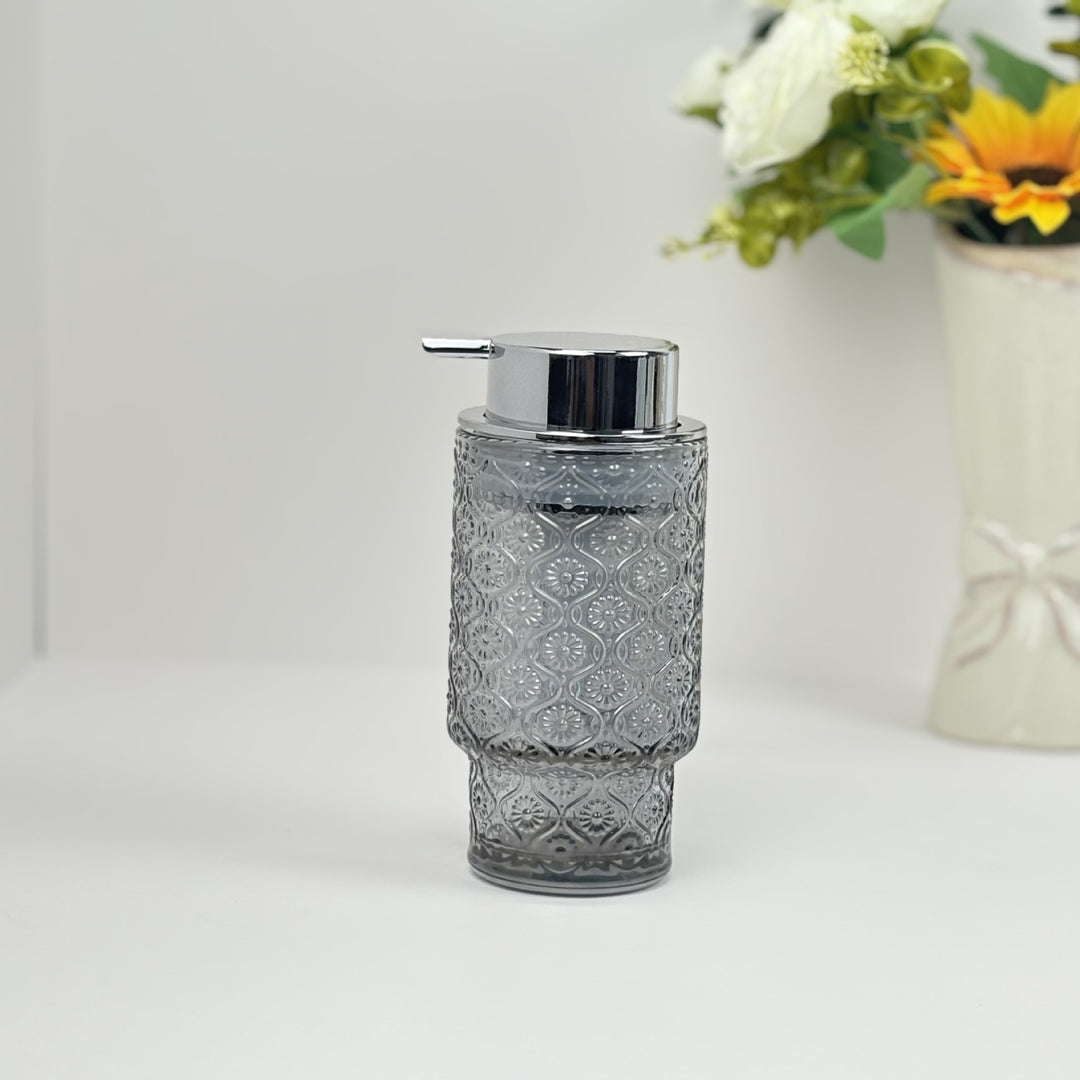 Embossed vintage glass vanity organizer set with pump dispenser and toothbrush cup Bowlift
