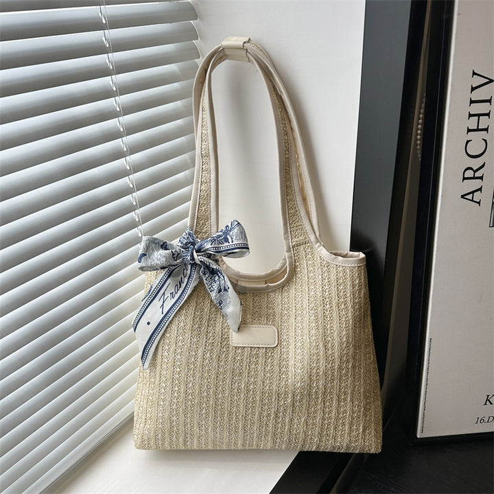 Textured Weave Tote Bag with Elegant Bow Bowlift