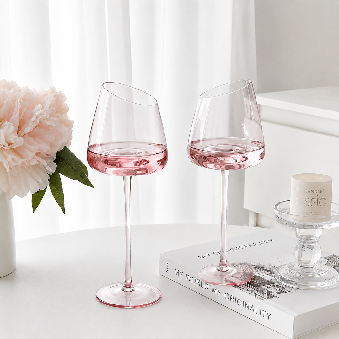 Tilted Rim Tall Stemmed Rose Wine Goblet Bowlift