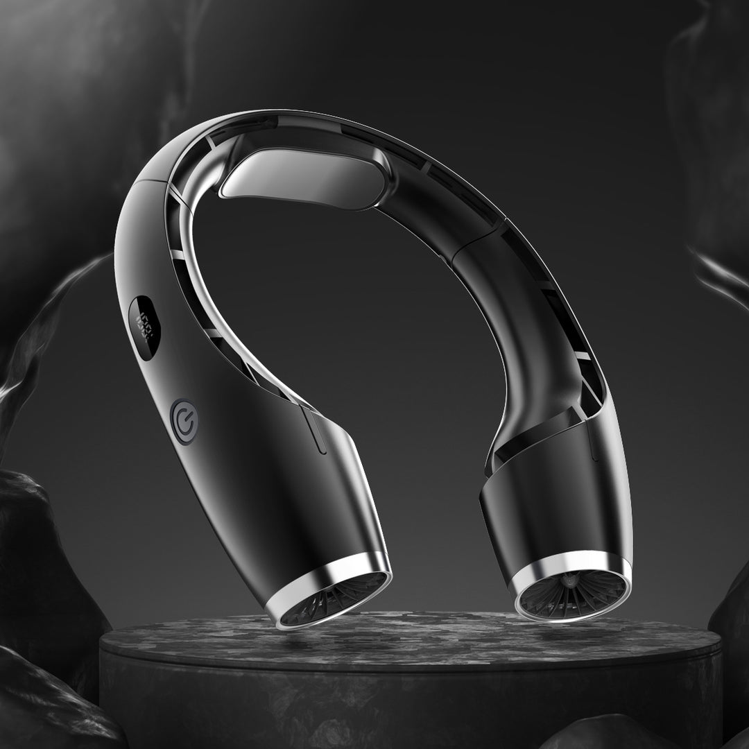 Cooling wearable dual-turbine neck fan with adjustable-angle air outlets and LED battery display Bowlift