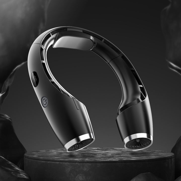 Cooling wearable dual-turbine neck fan with adjustable-angle air outlets and LED battery display Bowlift