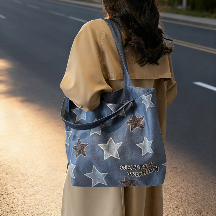 Chic Denim Patchrk Tote Bag Bowlift