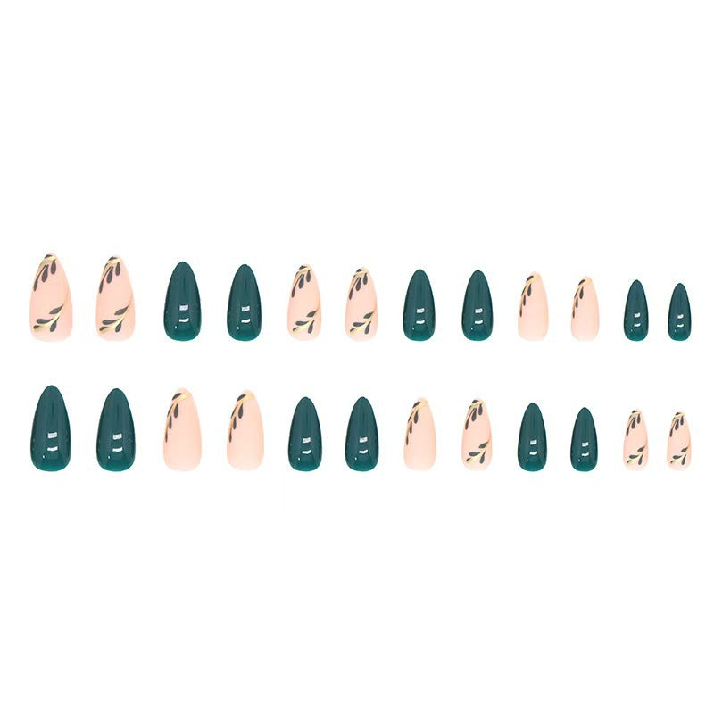 Artistic Press-On Nail Set with Leaf Designs Bowlift