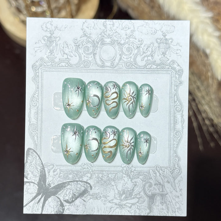 Decorative Press-On Nail Set with Celestial Accents Bowlift