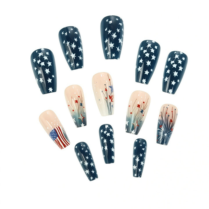 Women's nan long coffin press-on nails patriotic flag starburst full cover reusable Bowlift