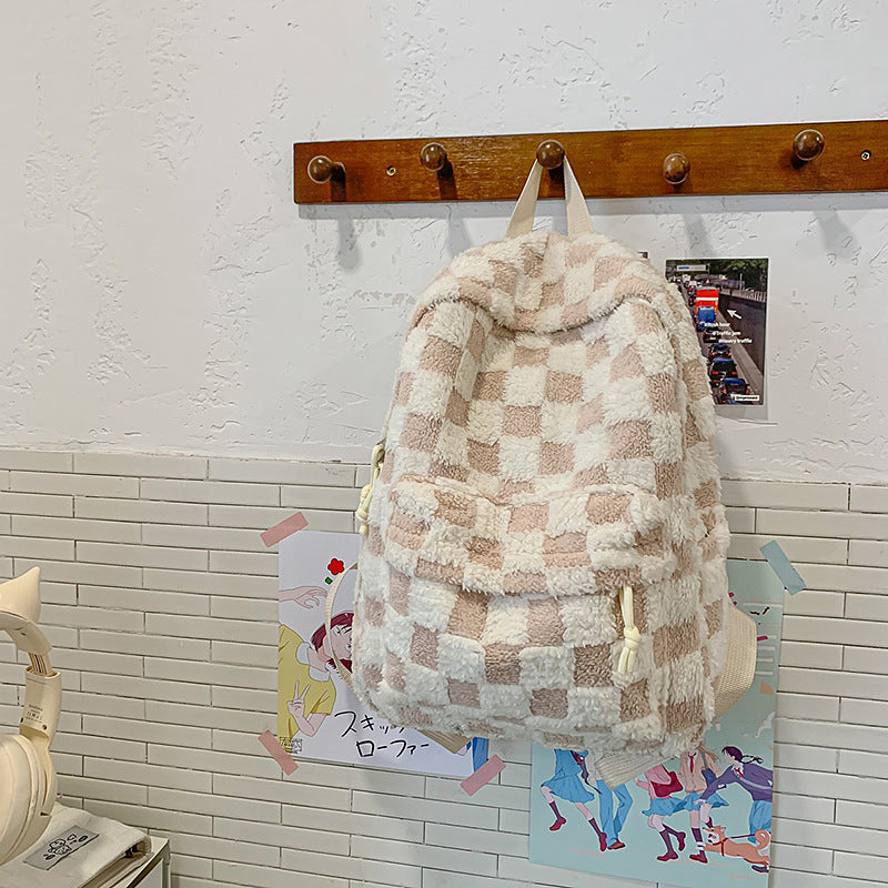 Soft Plush Checked Patterned Backpack
