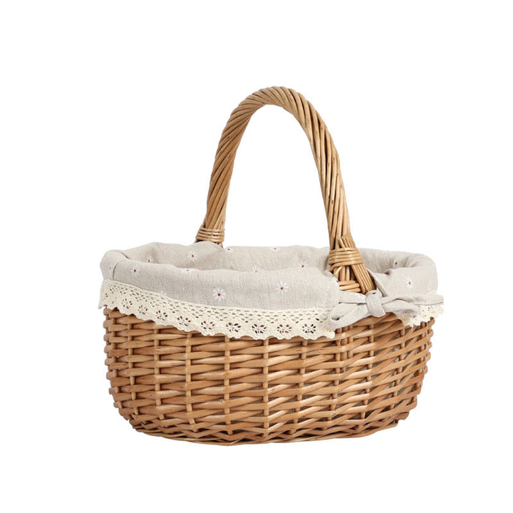 Women's braided basket with checkered fabric insert and decorative lace embellishment Bowlift