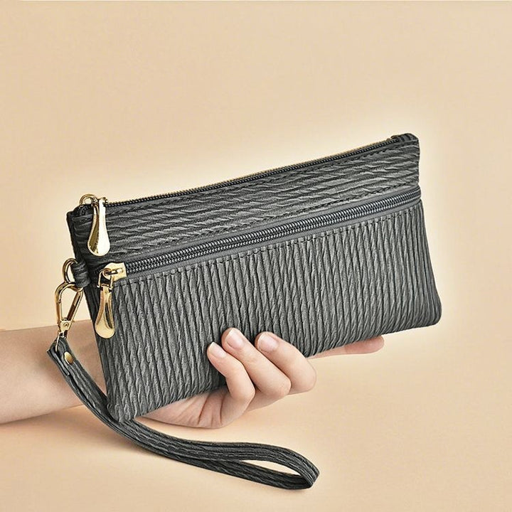 Textured Faux Leather Double-Zip Wristlet Clutch Bowlift