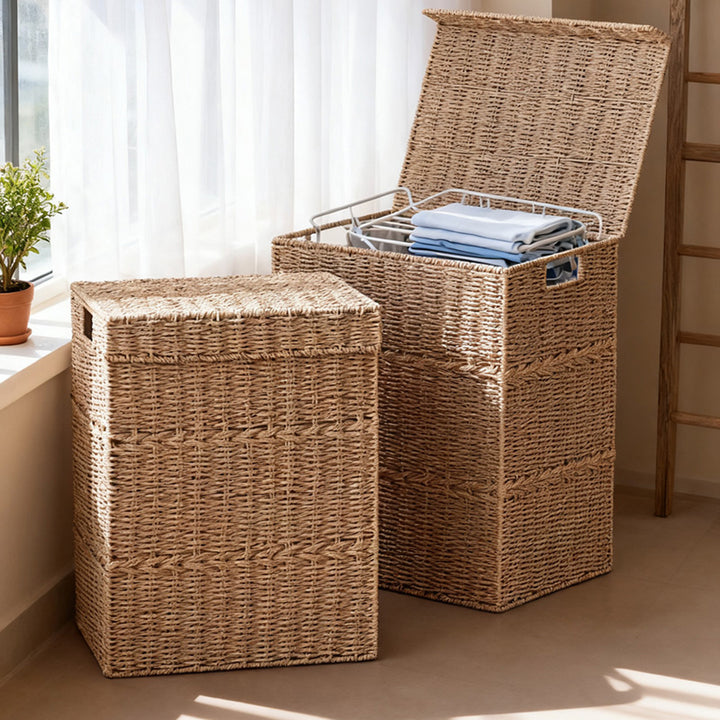 High-quality laundry basket with lid and natural weave Bowlift