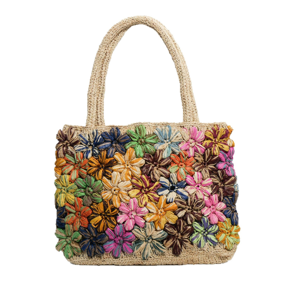Handcrafted straw bag with floral appliqués Bowlift