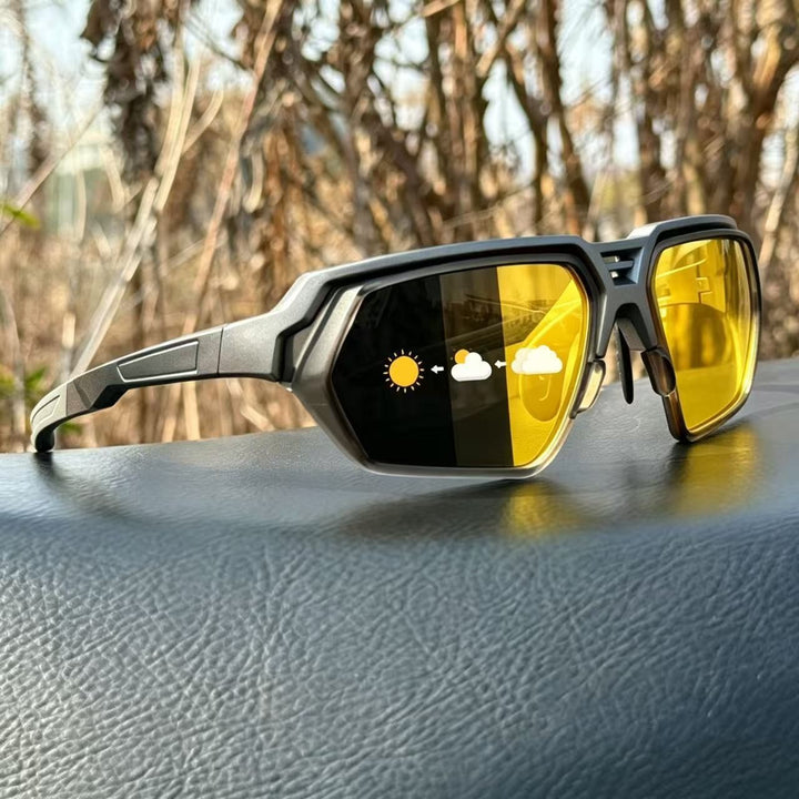 Photochromic Polarized Sports Sunglasses with Night-Enhancing Lenses and Tactical Wrap Frame Bowlift