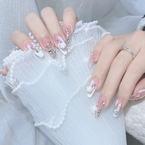 Acrylic nail set with elegant 3D flower and glitter decorations Bowlift