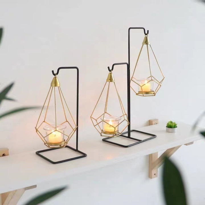 Decorative Geometric Hanging Tealight Candle Holder Set with Metal Stands and Glass Votives Bowlift