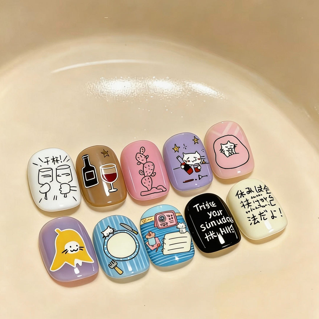 Artistic Cat-Themed Press-On Nail Art Set Bowlift