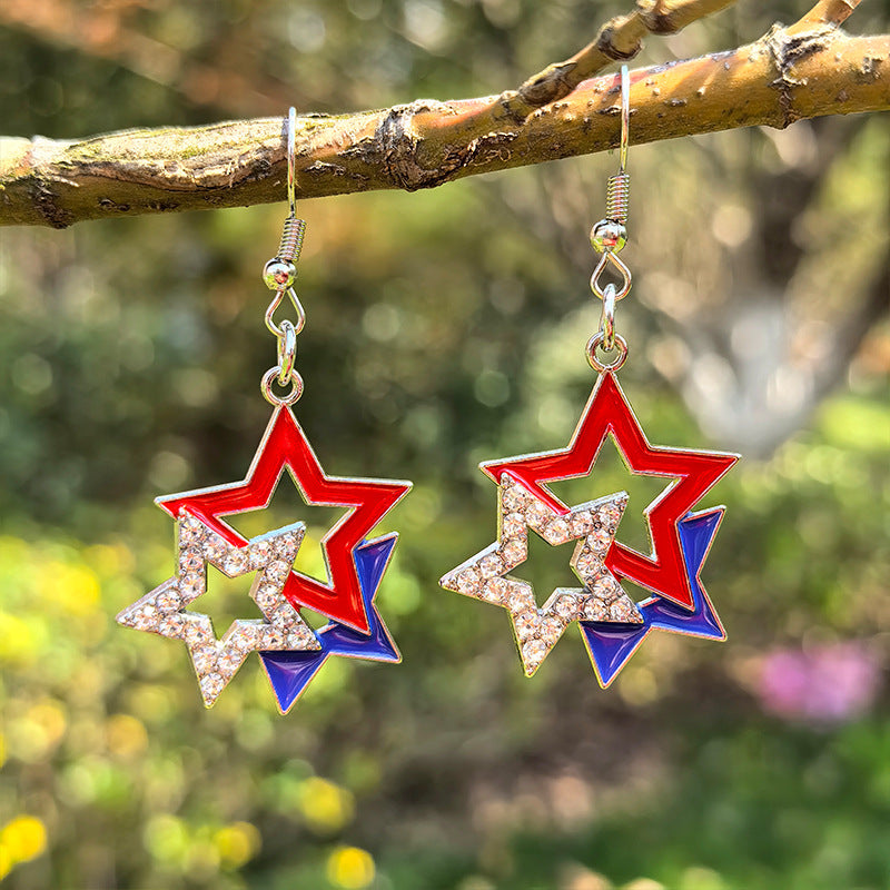 Ladies star-shaped enamel earrings with rhinestone rows and fishhook clasp Bowlift