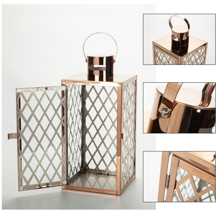 Modern Polished Lattice Metal Lantern Collection with Hinged Door and Top Loop Handle Bowlift