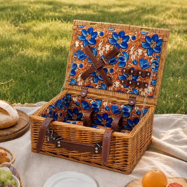 Ladies Luxury Picnic Basket with Offset Dish Compartment and Floral Lining Bowlift