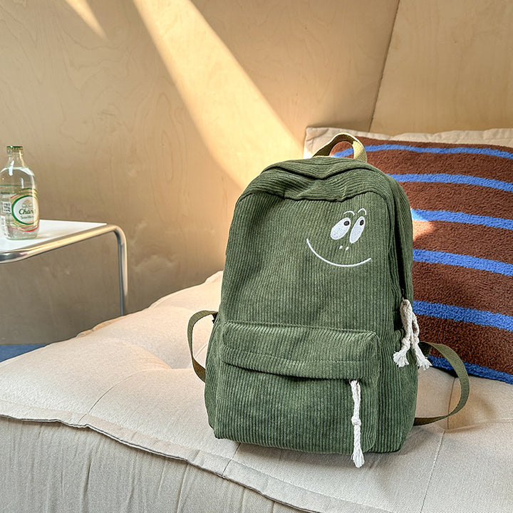 Adorable Corduroy Backpack with Embroidered Smile