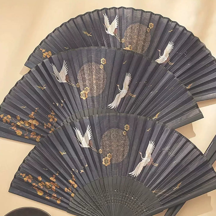 Women One Size hand-painted crane and plum blossom fan with carved wood ribs and silk tassel Bowlift