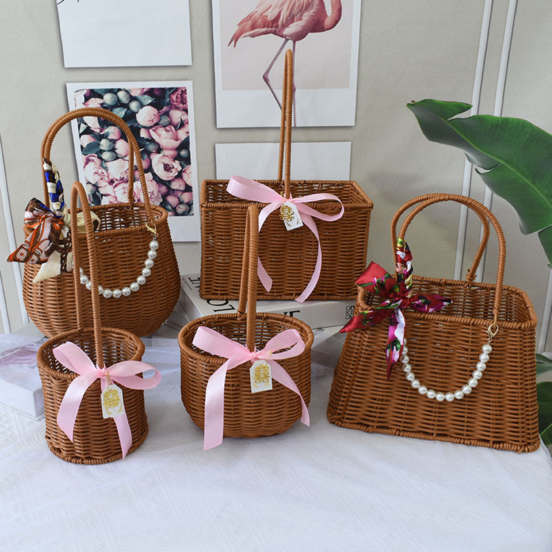 Chic Woven Handbag with Pearl Accent Bowlift