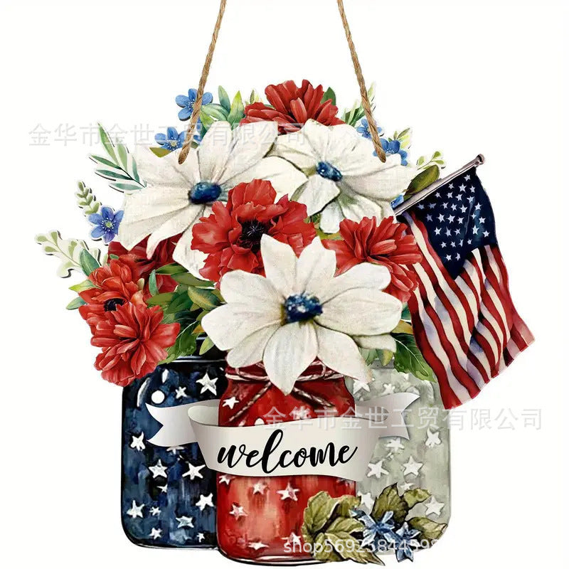 Independence Day rustic round wooden patriotic cross wall plaque with floral accents and God Bless America banner Bowlift