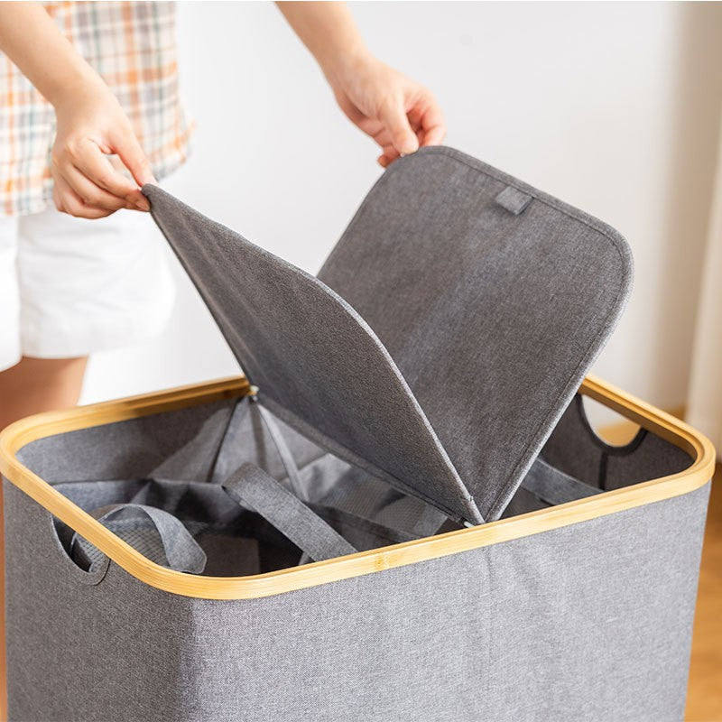 Storage basket with lid made of fabric and bamboo Bowlift