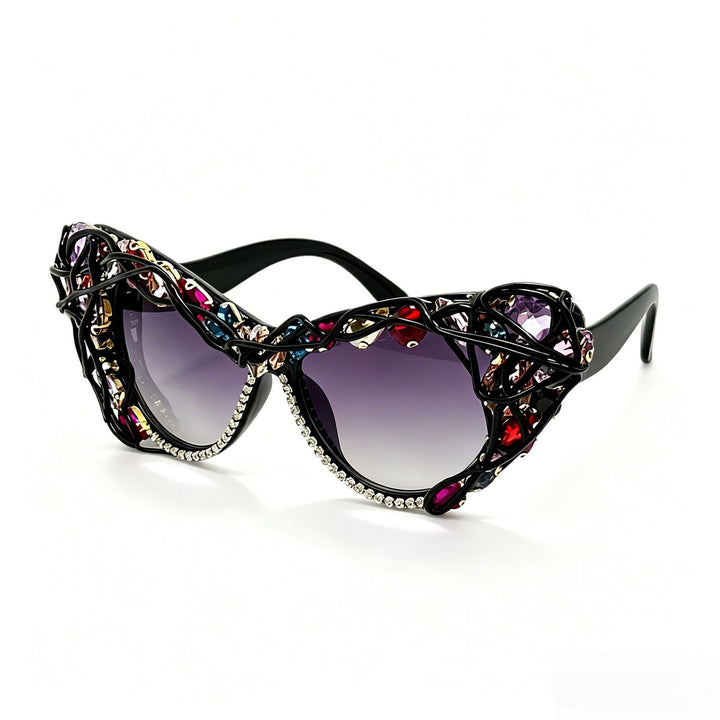 Women's Cat-Eye Sunglasses with Sparkling Crystal Frame and Artistic Decorations Bowlift